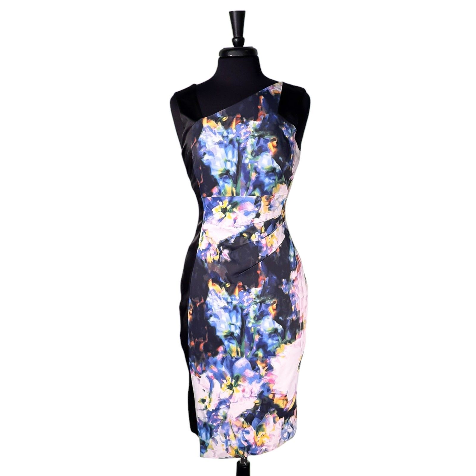 Karen Millen Womens Dress 8 Floral Asymmetrical Sheath Knee Bodycon Cocktail